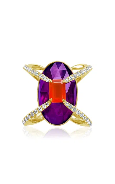 Bijules 14k Yellow Gold Compass Ring W/ Fire Opal; Amethyst & Diamond Pave In Purple
