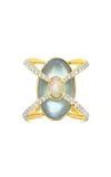 Bijules 14k Yellow Gold Compass Ring W/blue Topaz; Opal & Diamond Pave