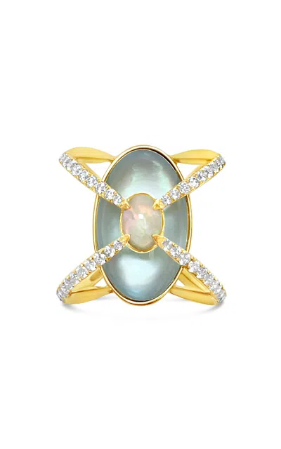 Bijules 14k Yellow Gold Compass Ring W/blue Topaz; Opal & Diamond Pave In Blue