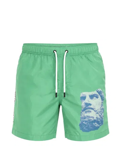 Bikkembergs Greek Bust-print Logo-tape Swim Shorts In Green