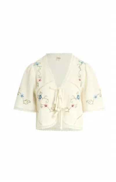 Bila77 Women's Marilla Floral Detail Tie Front Top In Whisper White