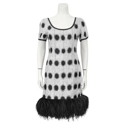 Pre-owned Bill Blass 1960's  Black And White Sequin Dress With Feather Trim