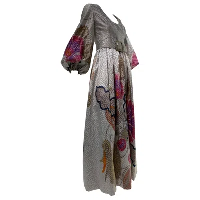 Pre-owned Bill Blass 1960  Documented Floral Print Silver Brocade Gown W/rhinestone Belt