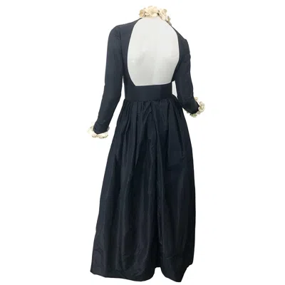 Pre-owned Bill Blass 1970s  Black + Ivory Camellia Flowers Open Back Vintage 70s Gown Dress In White