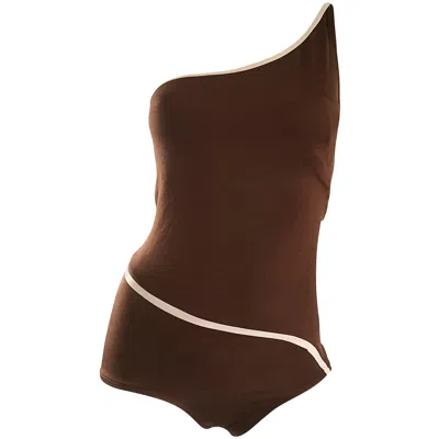 Pre-owned Bill Blass 1970s  Brown White One Shoulder Vintage One Piece Swimsuit Bodysuit