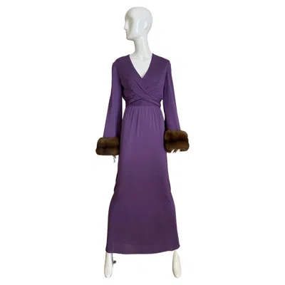 Pre-owned Bill Blass 1970s  Purple V Neck Jersey Gown With Mink Cuff