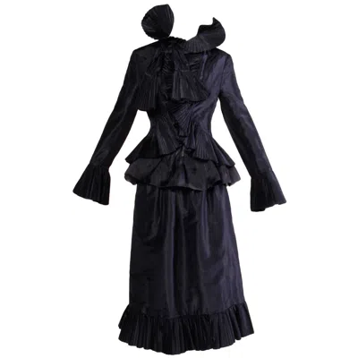 Pre-owned Bill Blass 1970s  Vintage Silk 4-piece Jacket + Skirt Suit Dress Ensemble In Black