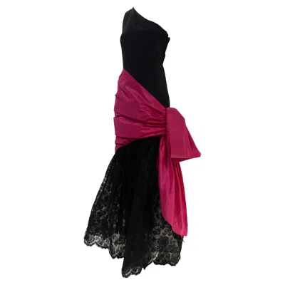 Pre-owned Bill Blass 1980  Black Silk Crepe One-shoulder Gown W/ Lace Skirt And Fuchsia Bow