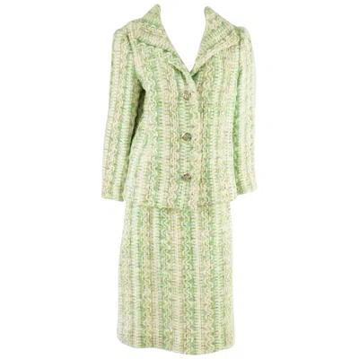 Pre-owned Bill Blass 1980's Vintage Green Tweed Skirt Suit - Size 8