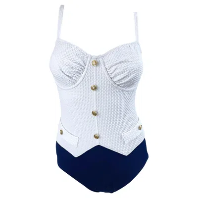Pre-owned Bill Blass 1980s  Navy Blue And White Vintage 80s One Piece Swimsuit Bodysuit