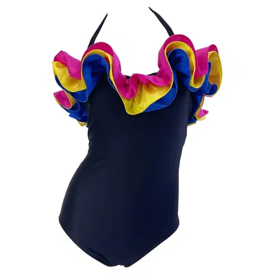 Pre-owned Bill Blass 1980s  Size 10 / 12 Flamenco One Piece Convertible Halter Swimsut In Black