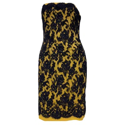 Pre-owned Bill Blass 1990  Butter Yellow Cotton Twill & Navy Blue French Lace Mini Dress