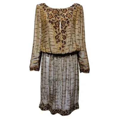 Pre-owned Bill Blass 1990s  Brown Beaded Long Sleeves Cocktail Dress