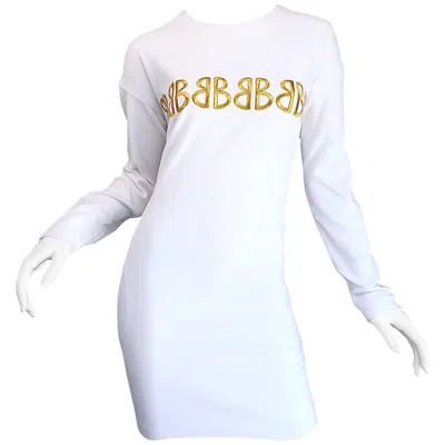 Pre-owned Bill Blass 1990s  Logo Mania White + Gold Vintage 90s Sweatshirt Dress Medium