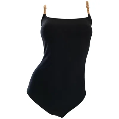 Pre-owned Bill Blass 1990s  Rope Strap Black Nautical One Piece Vintage Swimsuit Bodysuit