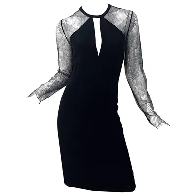 Pre-owned Bill Blass 1990s  Size 6 8 Black Silk Lace Cut Out Vintage 90s Long Sleeve Dress