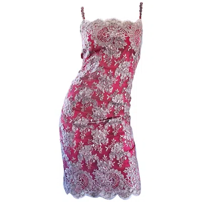 Pre-owned Bill Blass 1990s  Size 8 10 Raspberry Pink Beige Silk Chiffon + Mohair Lace Dress
