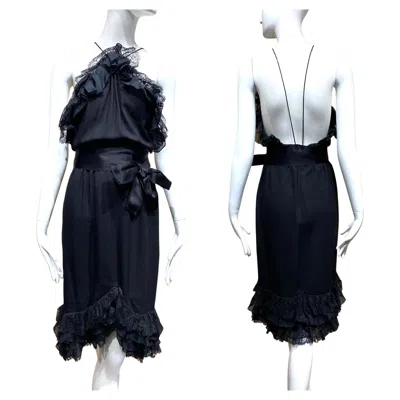 Pre-owned Bill Blass 1990s Black Silk Halter Cocktail Dress With Ruffle Details