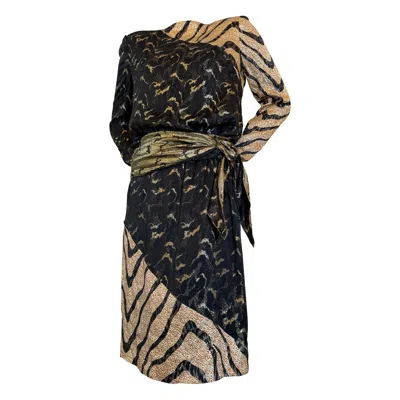 Pre-owned Bill Blass 1992  Silk & Lurex Blocked Animal-pattern Lame Cocktail Dress W Sash In Black