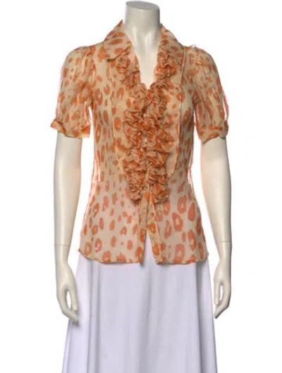 Pre-owned Bill Blass Animal Print V-neck Button-up Top In Orange