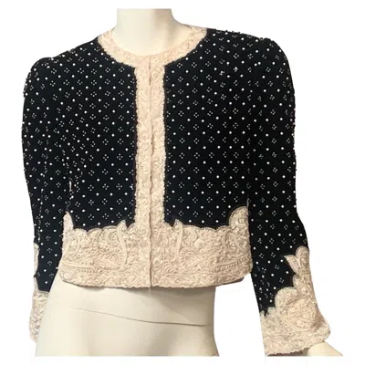 Pre-owned Bill Blass Beaded Black Velvet Jacket With Pure White Beaded Trim