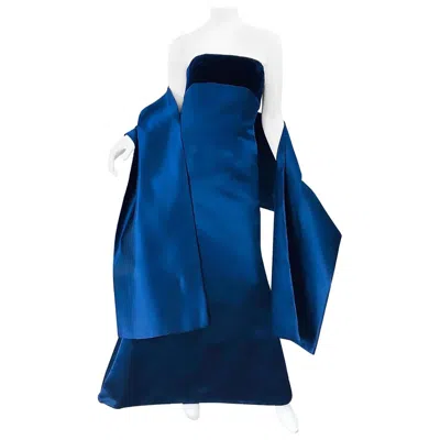 Pre-owned Bill Blass Beautiful  Vintage Sz 6 / 8 Navy Blue Silk Satin 90s Gown + Shawl