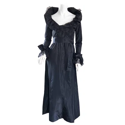 Pre-owned Bill Blass Beautiful Vintage  Couture Silk Taffeta Lace Long Sleeve Evening Gown In Black