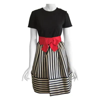 Pre-owned Bill Blass Black & White Red Striped Baby Doll Dress W/ Pockets, 1980s Size 4