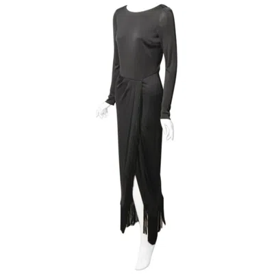 Pre-owned Bill Blass Black Jersey Dress With Fringe Trimmed Sexy High Slit
