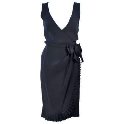 Pre-owned Bill Blass Black Silk Cocktail Draped Dress With Rose Detail Size 2 In Red