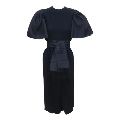 Pre-owned Bill Blass Black Silk Dress With Faille Sleeves & Sash, C.1980