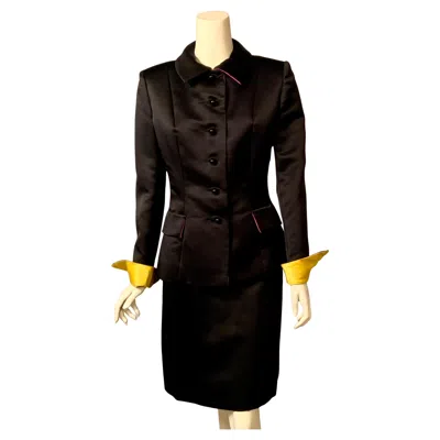 Pre-owned Bill Blass Black Silk Satin Skirt Suit With Hot Pink And Chrome Yellow Trim
