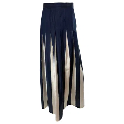 Pre-owned Bill Blass Blue & White Stripe Silk Stitch Down Pleated Evening Skirt Vintage