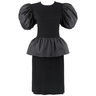 Pre-owned Bill Blass C.1980's Black Crepe Dramatic Puff Sleeve Peplum Skirt Party Dress