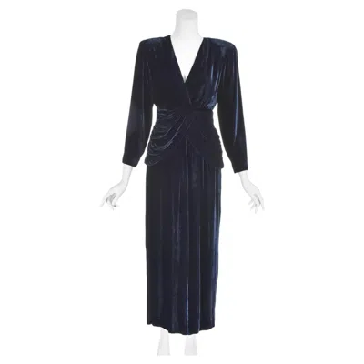 Pre-owned Bill Blass Circa 1983 Midnight Blue Silk Velvet Gown With Ruched Peplum, Sz 6