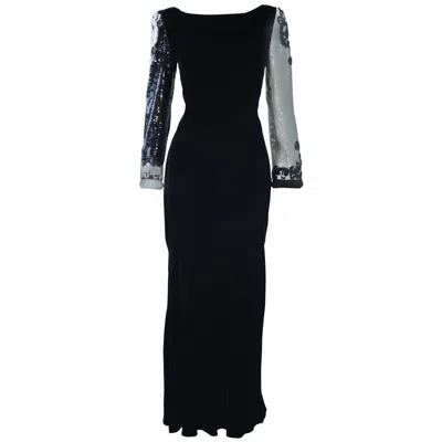 Pre-owned Bill Blass Color Block Contrast Velvet Gown Wth Sequin & Beaded Sleeves Size 6-8 In Black