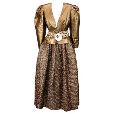 Pre-owned Bill Blass Copper Leather And Cloque Evening Ensemble In Brown