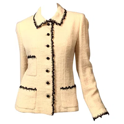 Pre-owned Bill Blass Cream Wool Jacket With Black Beaded Trim In White