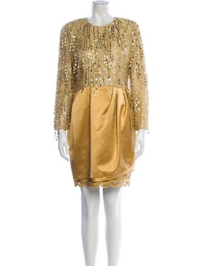 Pre-owned Bill Blass Crew Neck Mini Dress In Gold
