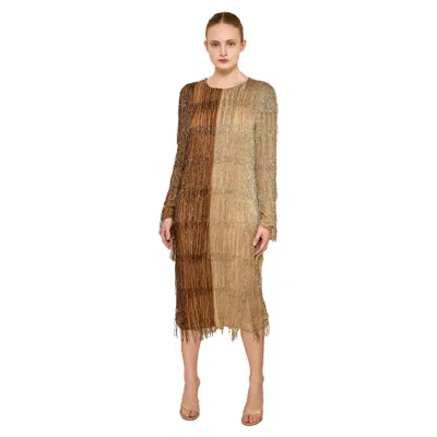 Pre-owned Bill Blass Fall 1984 Beaded Fringe Bronze & Gold Cocktail Dress In Brown