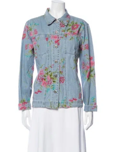 Pre-owned Bill Blass Floral Print Denim Jacket In Blue