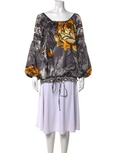 Pre-owned Bill Blass Floral Print Scoop Neck Blouse In Grey