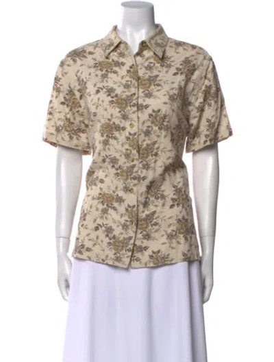 Pre-owned Bill Blass Floral Print Short Sleeve Button-up Top In Neutral