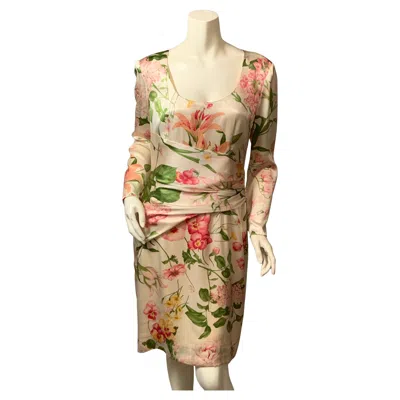 Pre-owned Bill Blass Floral Print Silk Dress In Sand
