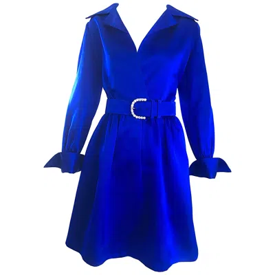 Pre-owned Bill Blass Gorgeous  Couture Vintage 1970s Royal Blue Silk Satin Belted 70s Dress