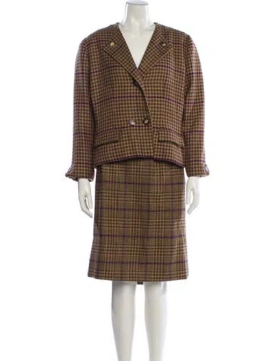 Pre-owned Bill Blass Houndstooth Print Skirt Set In Brown