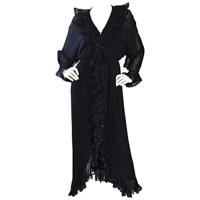 Pre-owned Bill Blass Incredible Vintage  Black Silk Chiffon Ruffled Sequin Boho 70s Dress