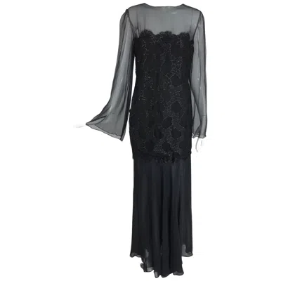 Pre-owned Bill Blass Lacquered Lace Over Black Silk Chiffon Evening Dress 1970s 12