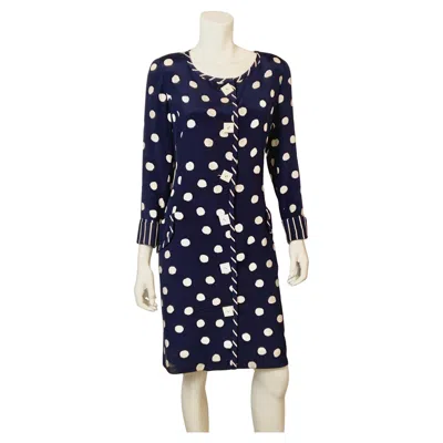 Pre-owned Bill Blass Navy And White Polka Dot Dress With Navy And White Striped Trim