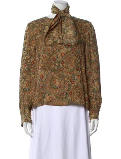 Pre-owned Bill Blass Paisley Print Tie Neck Blouse In Multi
